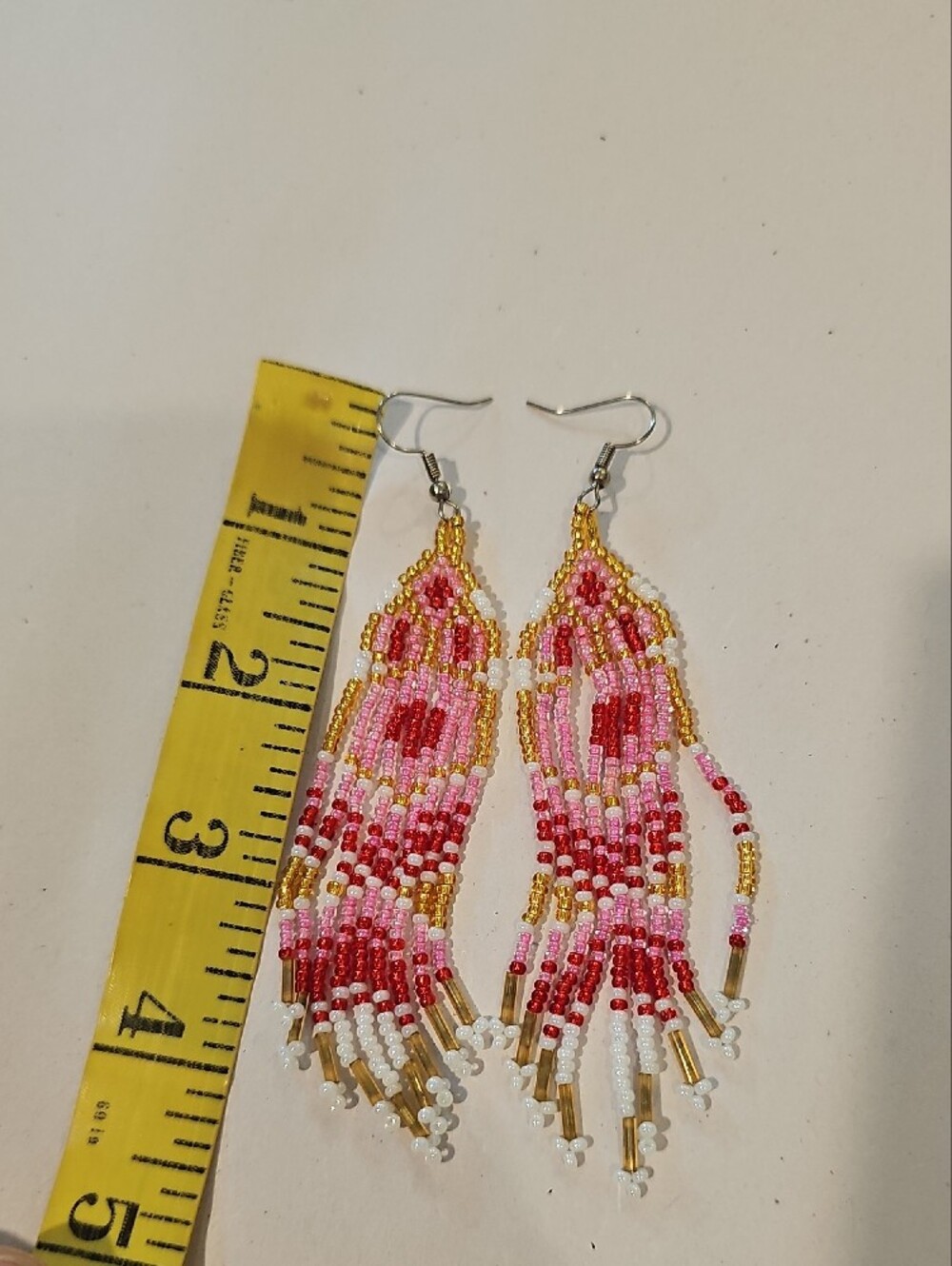 Gold-Accented Pink & Red Beaded Fringe Earrings - Picture 6 of 7